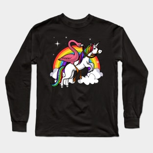 Flamingo Riding Unicorn Rainbow Long Sleeve T-Shirt